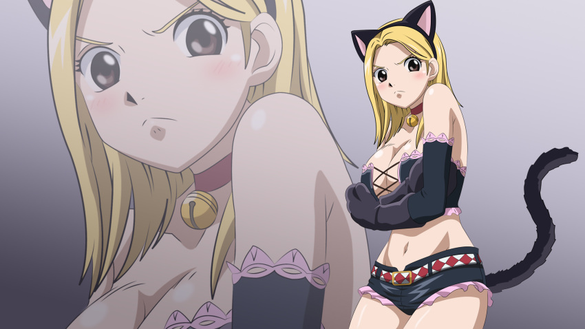 &gt;:( 1girl animal_ears animal_tail bell blonde_hair blushing brown_eyes cat_tail chocker cleavage elbow_gloves fairy_tail fake_animal_ears jingle_bell large_breasts looking_at_viewer lucy_heartfilia navel nekomimi short_shorts solo tagme wallpaper