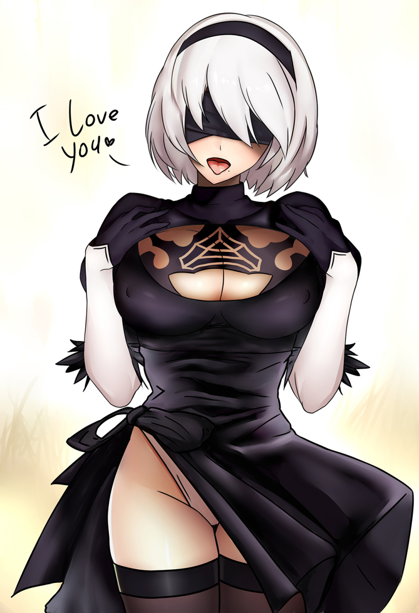 1girl black_gloves black_legwear blindfold breasts cleavage facing_viewer gloves highres leotard lily_sia mole mole_under_mouth nier_(series) nier_automata open_mouth short_hair silver_hair smile solo thigh-highs tongue tongue_out yorha_unit_no._2_type_b