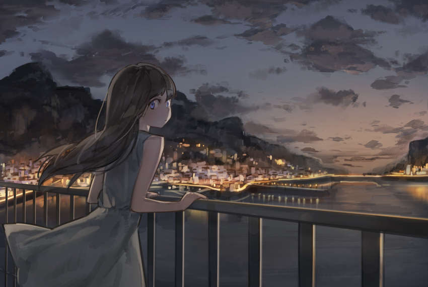 1girl bangs black_hair city_lights commentary_request dress highres holding_railing long_hair looking_at_viewer looking_back mountain night ocean original railing sleeveless solo yohan1754