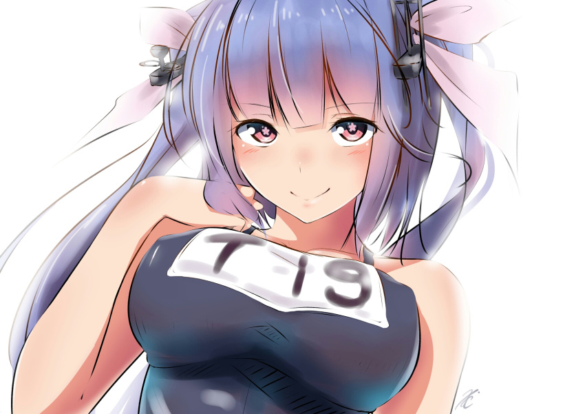 1girl blush breasts erect_nipples eyebrows_visible_through_hair hair_ornament hand_on_own_chest highres i-19_(kantai_collection) kantai_collection large_breasts long_hair looking_at_viewer pink_eyes purple_hair school_swimsuit simple_background smile solo star star-shaped_pupils swimsuit symbol-shaped_pupils tatusinomu underbust white_background