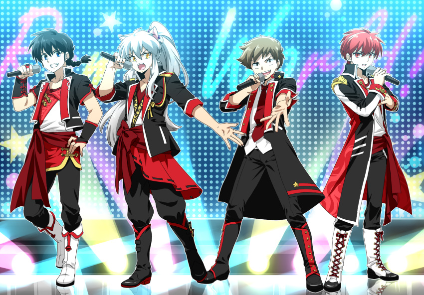 4boys alternate_costume alternate_hairstyle animal_ears bangs black_boots black_hair black_jacket black_pants blue_eyes boots braid brown_hair chinese_clothes contemporary creator_connection cross-laced_footwear dog_ears dress_shirt from_behind grin hand_on_hip hatorion highres holding idol inuyasha inuyasha_(character) jacket kyoukai_no_rinne lace-up_boots long_hair long_sleeves looking_at_viewer male_focus microphone moroboshi_ataru multiple_boys music necktie open_clothes open_jacket open_mouth pants ponytail ranma_1/2 red_necktie red_sash redhead rokudou_rinne saotome_ranma sash shirt short_hair short_sleeves silver_hair singing single_braid sleeves_rolled_up smile standing urusei_yatsura white_boots white_shirt yellow_eyes