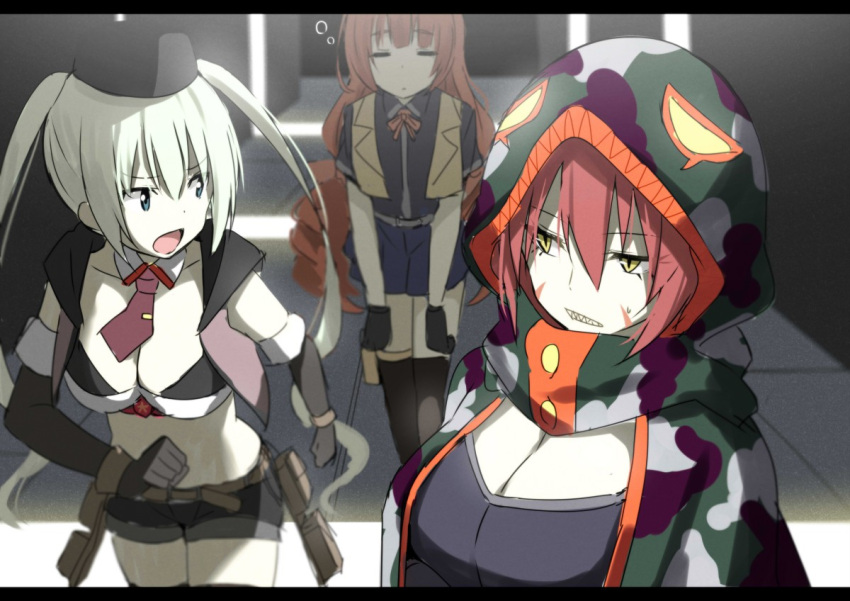 &gt;:o 3girls :o bangs belt bikini black_bikini black_bikini_top black_gloves black_hat black_legwear blonde_hair blue_eyes blurry breasts character_request cleavage cloak day depth_of_field elbow_gloves eyebrows_visible_through_hair fake_screenshot girls_frontline gloves hair_between_eyes hat holster hood hood_up hooded_cloak ks-23_(girls_frontline) large_breasts looking_at_another looking_back multiple_girls open_mouth outdoors over-kneehighs pouch redhead scarf short_shorts shorts sky_(freedom) sleepy swimsuit thigh-highs thigh_holster twintails walking yellow_eyes