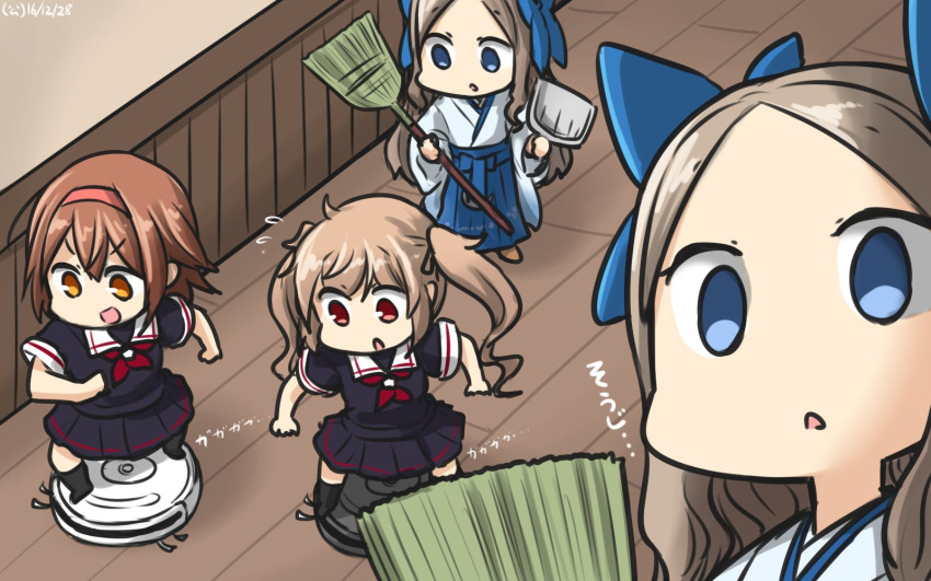 3girls asakaze_(kantai_collection) black_serafuku black_skirt blue_eyes bow broom brown_hair commentary dated empty_eyes flying_sweatdrops hair_bow hairband hamu_koutarou highres japanese_clothes kantai_collection light_brown_hair long_hair meiji_schoolgirl_uniform multiple_girls murasame_(kantai_collection) neckerchief pleated_skirt roomba school_uniform serafuku shiratsuyu_(kantai_collection) short_hair skirt translated twintails