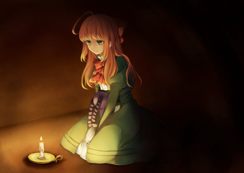 1girl :&gt; ahoge between_legs bow bowtie brown_hair candle closed_mouth dress elisabeth_faust fausts_alptraum fire full_body green_dress green_eyes hair_bow half_updo hand_between_legs highres natariya red_bow red_bowtie sitting solo stuffed_animal stuffed_toy