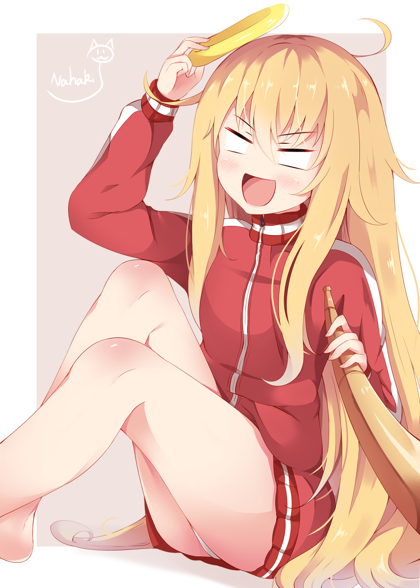 &gt;:d 1girl :d artist_name blank_eyes blonde_hair blush eyebrows_visible_through_hair from_side gabriel_dropout grey_background hair_between_eyes halo head_tilt highres holding horn jacket long_hair long_sleeves messy_hair open_mouth outside_border panties pantyshot pantyshot_(sitting) sin-poi sitting smile solo tenma_gabriel_white track_jacket underwear very_long_hair white_panties zipper