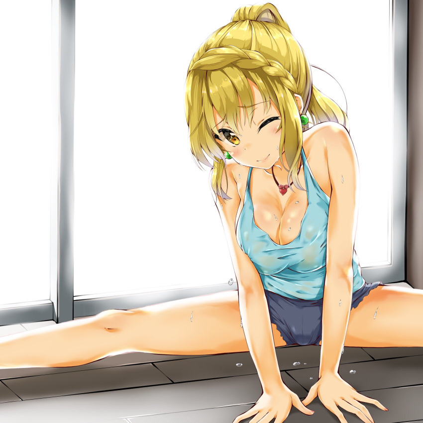 1girl ;) blonde_hair blue_shirt blue_shorts blush braid breasts camisole cleavage closed_mouth collarbone dripping earrings eyebrows_visible_through_hair head_tilt heart heart_necklace highres hinabita izumi_ibuki jewelry kuria_(clear_trip_second) medium_breasts on_floor one_eye_closed orange_eyes ponytail shirt short_shorts shorts smile solo split spread_legs sweat sweat_stain sweating wooden_floor