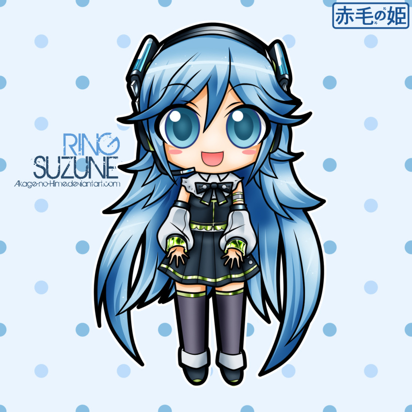 1girl :d armband blue_eyes blue_hair boots bowtie chibi dress hands_out headphones highres long_hair looking_at_viewer necktie official_artwork open_mouth ring_suzune sleeves solo tagme tigh_highs vocaloid