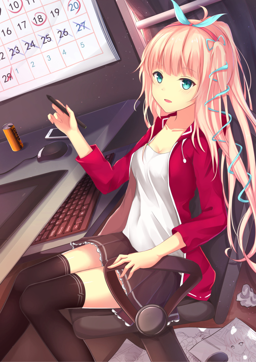 1girl arm_rest bangs black_legwear black_skirt blonde_hair blue_eyes blue_ribbon blush breasts calendar_(object) camisole can canned_coffee cellphone collarbone commentary_request computer_keyboard computer_mouse desk drawing eyebrows_visible_through_hair frilled_skirt frills from_side fuuro_(johnsonwade) hair_ribbon hairband hand_up highres holding holding_pen indoors jacket leaning_back long_hair looking_at_viewer looking_to_the_side moe2016 one_side_up original paper parted_lips phone pleated_skirt ponytail red_jacket ribbon sitting skirt solo stylus swivel_chair tablet thigh-highs tress_ribbon zettai_ryouiki
