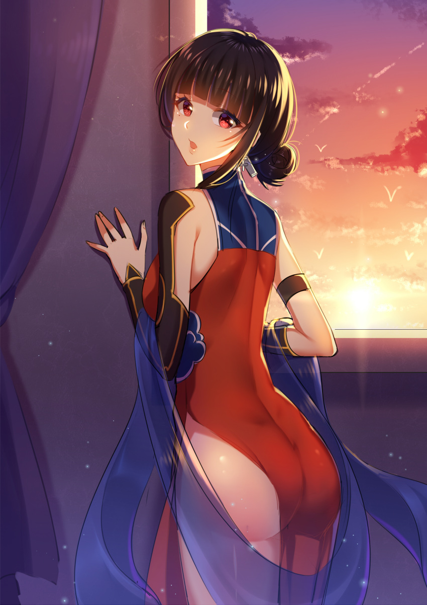 1girl absurdres ass bangs blunt_bangs cowboy_shot curtains earrings from_behind hair_bun hands_up heishan highres indoors jewelry looking_at_viewer looking_back parted_lips pelvic_curtain red_eyes sidelocks solo thighs window zhan_jian_shao_nyu