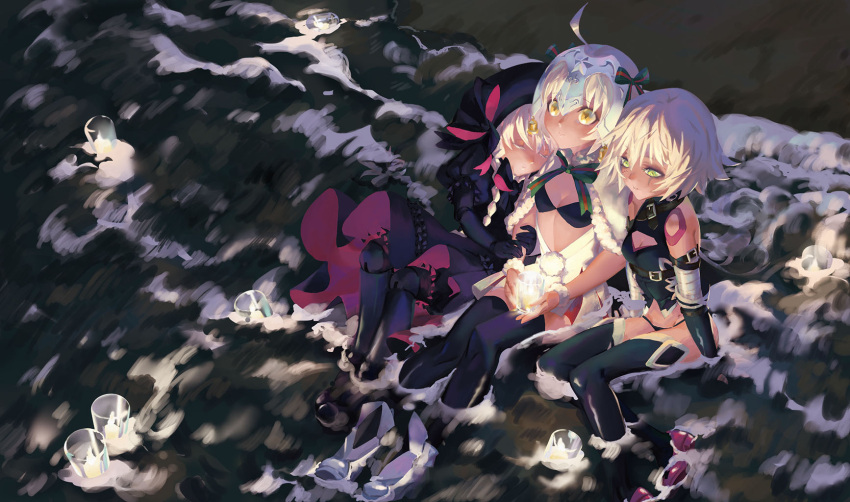 amberely assassin_of_black bell blonde_hair blue_eyes blush braid dress fate/apocrypha fate/extra fate/grand_order fate_(series) green_eyes hat headpiece highres jeanne_alter jeanne_alter_(santa_lily)_(fate) long_hair multiple_girls nursery_rhyme_(fate/extra) ribbon ruler_(fate/apocrypha) scar short_hair silver_hair striped striped_ribbon twin_braids violet_eyes water white_hair yellow_eyes
