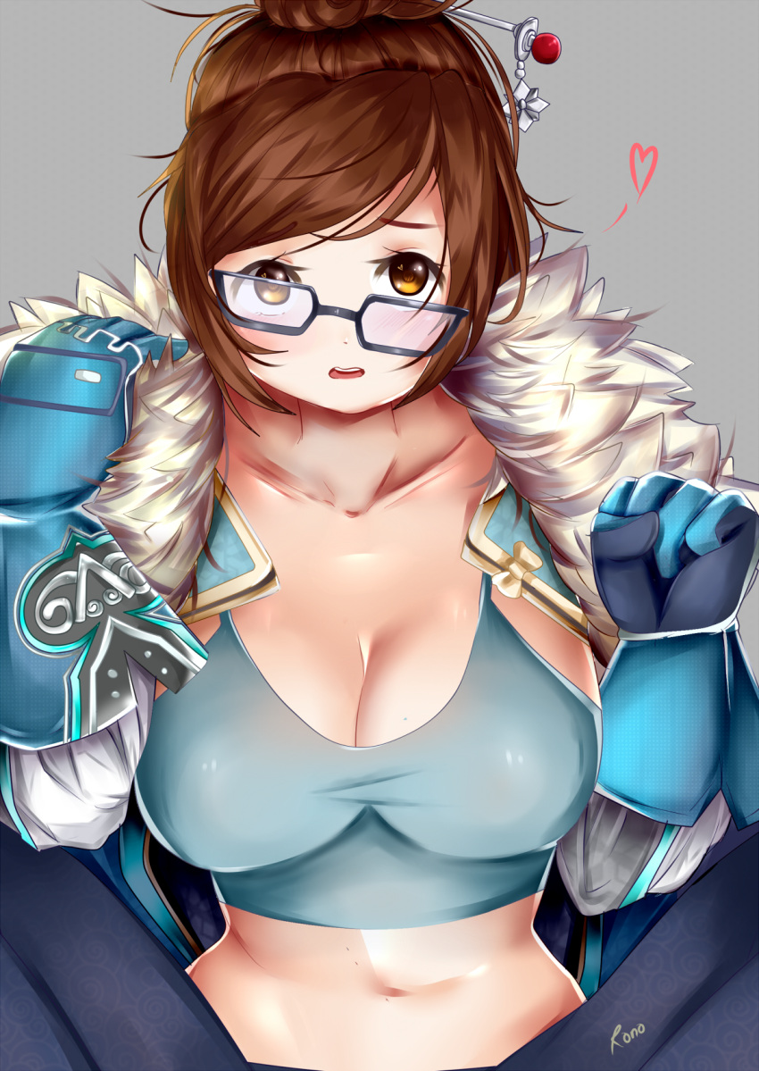 1girl artist_name black-framed_eyewear blue_pants breasts brown_eyes brown_hair cleavage clenched_hands coat collarbone crop_top fur_trim glasses gloves grey_background hair_bun hair_ornament hair_stick heart highres large_breasts long_sleeves looking_at_viewer mei_(overwatch) messy_hair midriff navel open_mouth overwatch pants rono short_hair signature simple_background solo spoken_heart spread_legs tank_top upper_body