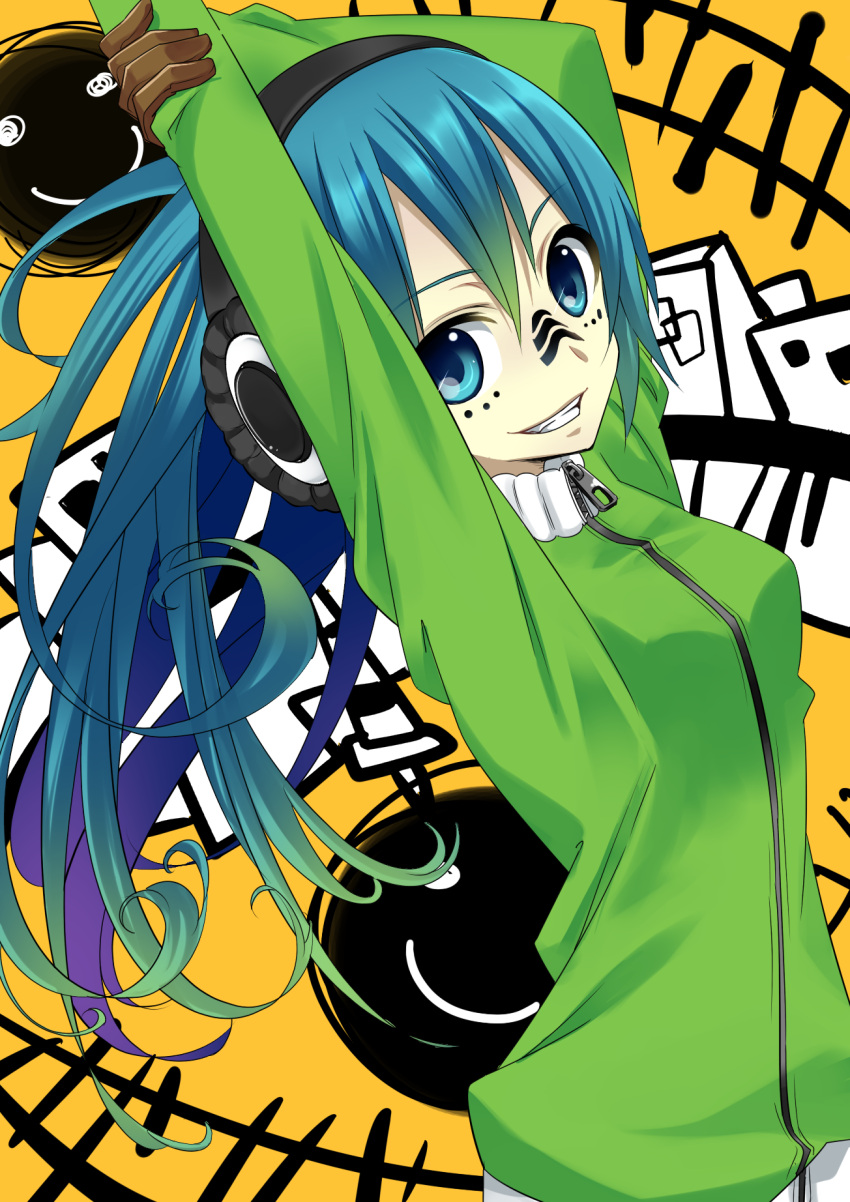 &gt;:d 1girl arms_above_head blue_eyes blue_hair face_paint gloves gradient_hair grin hatsune_miku highres hoodie long_hair matryoshka solo tagme vocaloid