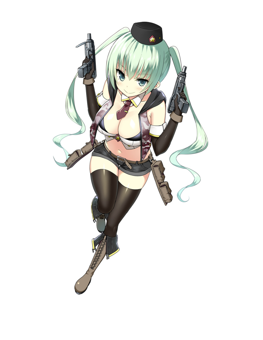 1girl aqua_eyes aqua_hair belt between_breasts black_gloves black_legwear blush boots breasts cleavage cleavage_cutout detached_sleeves dual_wielding eyebrows eyebrows_visible_through_hair finger_on_trigger full_body girls_frontline gloves gun hair_between_eyes hat highres holding holding_gun holding_weapon holster imi_uzi large_breasts leaning_forward long_sleeves long_twintails looking_at_viewer micro_uzi micro_uzi_(girls_frontline) midriff navel necktie necktie_between_breasts official_art one_leg_raised personification short_shorts shorts sky_(freedom) smile solo submachine_gun thigh-highs transparent_background twintails weapon