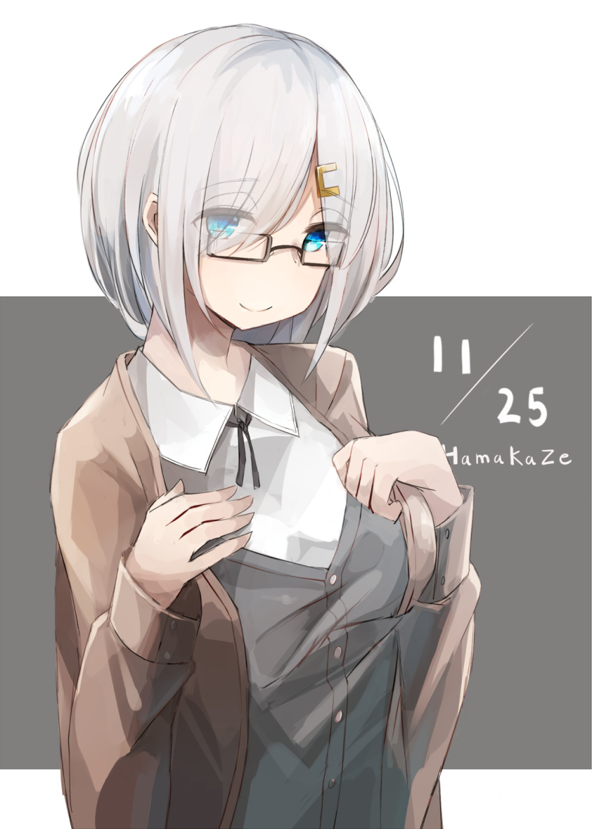 1girl aqua_eyes black-framed_eyewear breasts cardigan character_name collared_shirt dated eyebrows_visible_through_hair eyes_visible_through_hair glasses grey_background hair_ornament hair_over_one_eye hairclip half-closed_eyes hamakaze_(kantai_collection) hand_on_own_chest hands_up highres kantai_collection large_breasts miyabino_(miyabi1616) semi-rimless_glasses shirt short_hair silver_hair solo two-tone_background white_background white_shirt