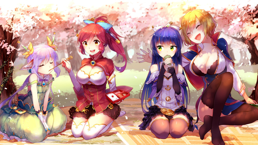 4girls :d ^_^ animal_ears bangs bare_shoulders blush bow breasts cape capelet character_request cherry_blossoms cleavage closed_eyes collarbone day detached_sleeves dress feeding full_body gloves hair_between_eyes hair_bow hair_ornament highres isekai_karano_nono kneeling large_breasts long_hair long_sleeves looking_at_another multiple_girls nono_(isekai_karano_nono) open_mouth outdoors petals ponytail ruri_(isekai_karano_nono) skirt small_breasts smile sunlight thigh-highs v_arms yetworldview_kaze