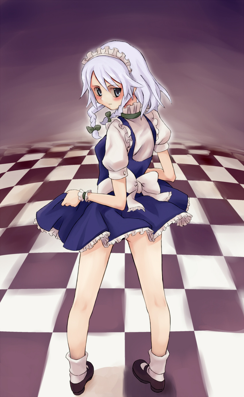 4423 4423_(pixiv37556) blue_eyes blush bow braid checkered dress dress_lift frills from_behind hair_bow hairband highres izayoi_sakuya kneepits legs looking_back maid maid_headdress ribbon ribbons shoes short_hair silver_hair skirt_lift socks solo touhou twin_braids