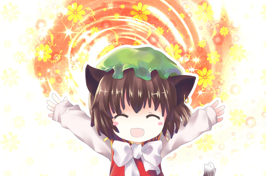 \o/ arms_up brown_hair cat_ears cat_tail chen earrings fangs flower happy hat highres jewelry o/ outstretched_arms short_hair silverms2 tail touhou