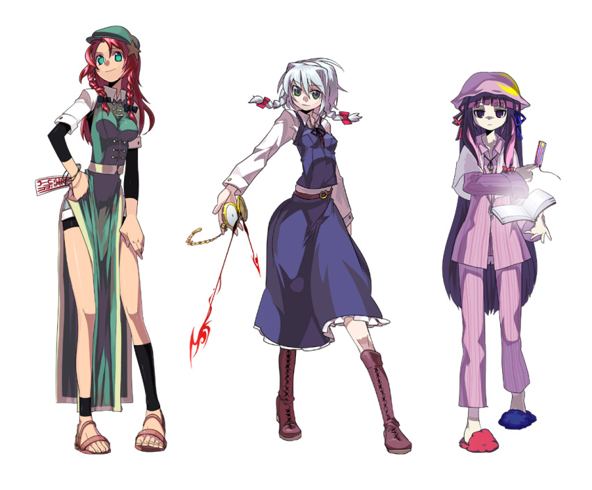 book boots braid chiba_tsuru clock green_eyes hat hong_meiling izayoi_sakuya knee_boots legs long_hair pajamas patchouli_knowledge pose purple_eyes purple_hair red_hair redhead ribbon ribbons short_hair silver_hair touhou twin_braids violet_eyes