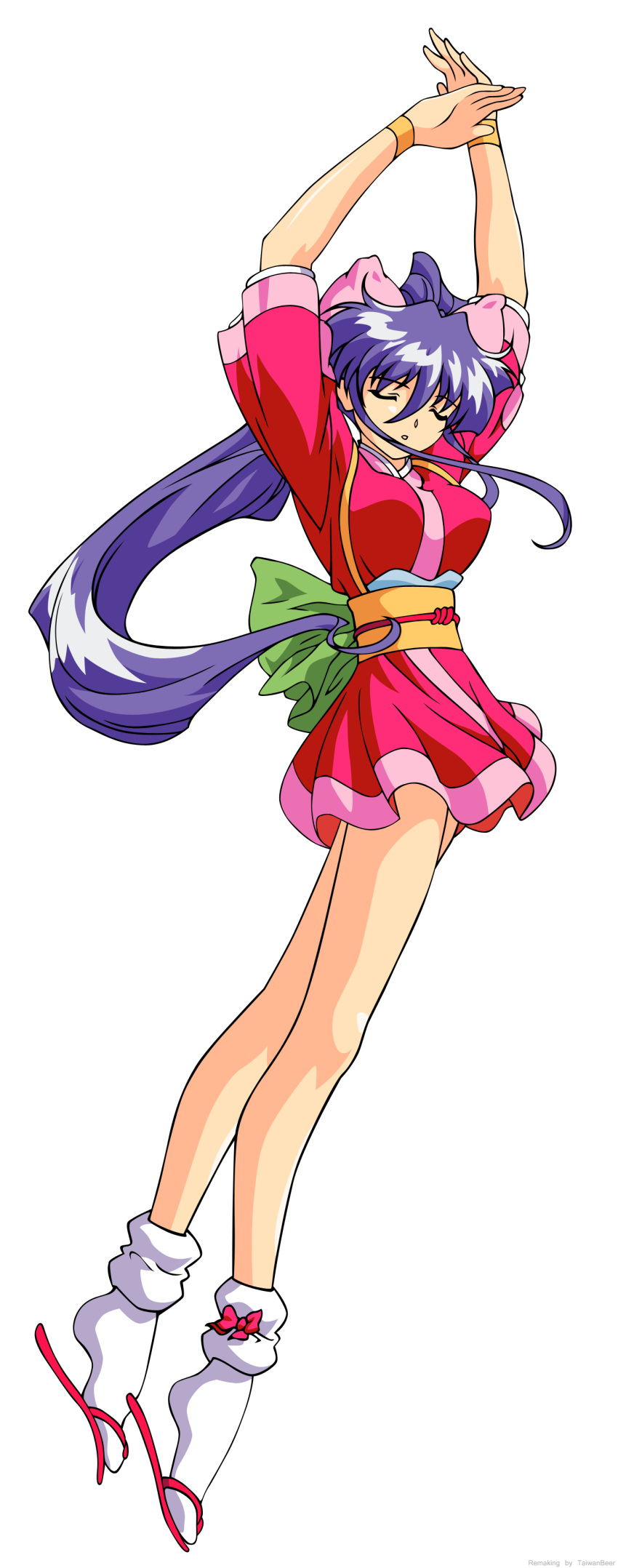 absurdres arms_up bow closed_eyes dancing_blade hair_ribbon highres japanese_clothes katteni_momotenshi kimono long_hair long_legs momohime_(dancing_blade) payot ponytail purple_hair ribbon sandals socks transparent_background transparent_png vector_trace watermark