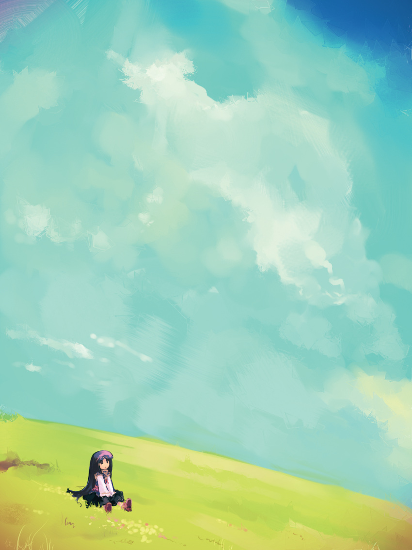 clouds grass highres long_hair original scenery sitting sky solo tokiame