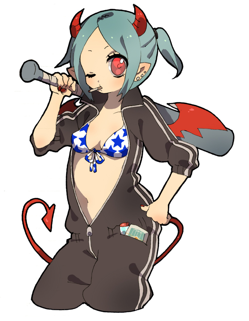 bat bikini_top blue_hair blush cigarette demon_tail full-length_zipper hand_on_hip highres horns nail_polish oni open_clothes open_shirt open_zipper original painted_nails pointy_ears red_eyes shirt smoking tail track_suit unzipped wamochi wink zipper