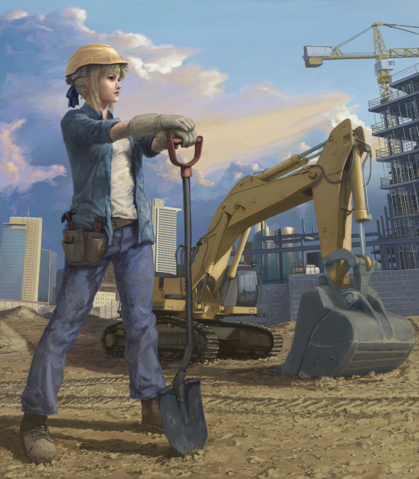 blonde_hair boots caterpillar_tracks cityscape cloud clouds construction construction_site crane evokid excavator fate/stay_night fate_(series) hammer hardhat helmet highres parody pun realistic saber shovel sky sleeves_rolled_up solo worktool