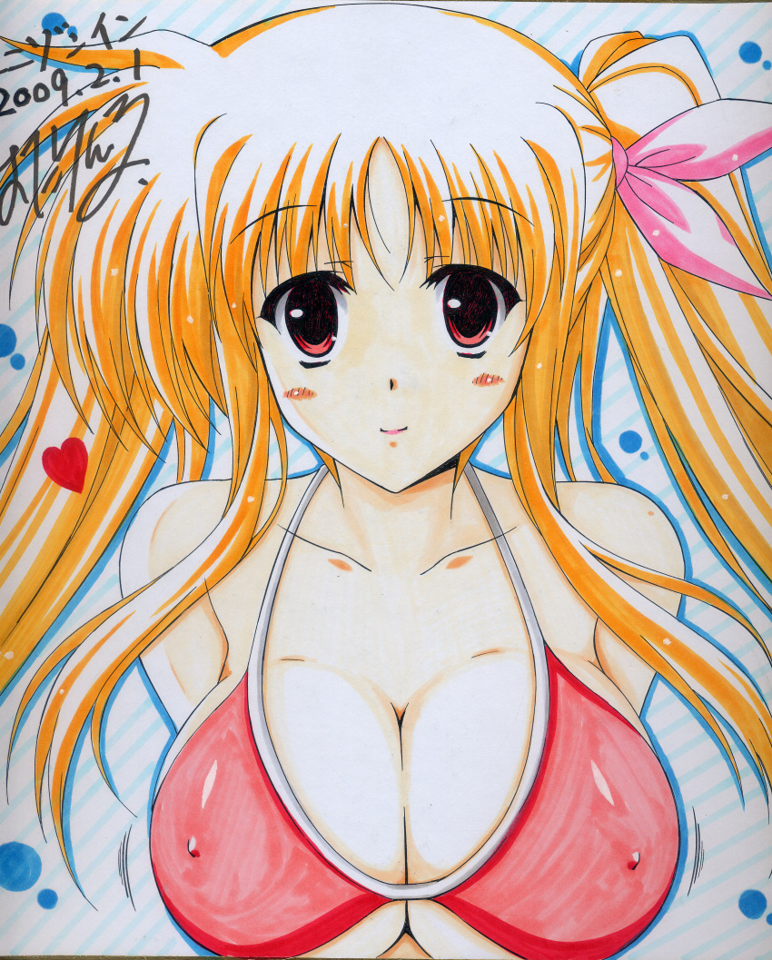 bikini breasts cleavage erect_nipples fate_testarossa highres large_breasts mahou_shoujo_lyrical_nanoha mahou_shoujo_lyrical_nanoha_strikers marker_(medium) oda_ken'ichi oda_kenichi shikishi swimsuit traditional_media twintails