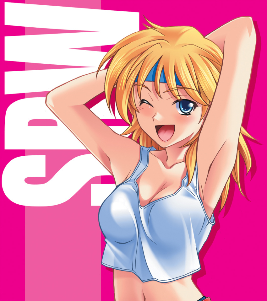 arms_behind arms_behind_back blonde_hair breasts cleavage face headband highres hozumi_takashi long_hair lune_zoldark super_robot_wars super_robot_wars_original_generation super_robot_wars_the_lord_of_elemental tank_top wink