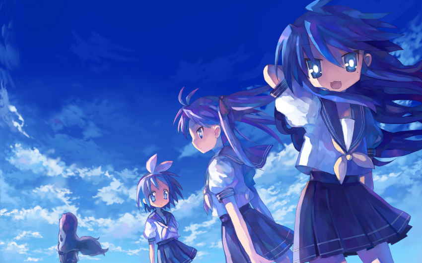 ahoge bad_id blue_eyes blue_hair bow cloud clouds hair_bow hair_ribbon highres hiiragi_kagami hiiragi_tsukasa izumi_konata long_hair lucky_star midriff mole multiple_girls pink_hair pleated_skirt profile purple_hair ribbon school_uniform serafuku skirt sky smile standing takara_miyuki tareme tsuchiya_akira tsurime twintails very_long_hair wind