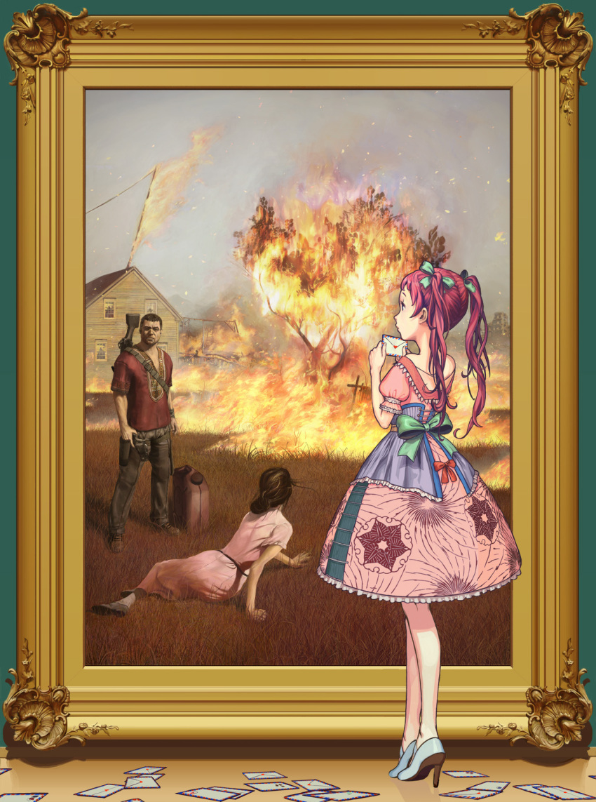 christina's_world far_cry far_cry_2 fine_art_parody fire flare_gun gas_can grass gun high_heels highres house letter nababa painting parody ribbon ribbons shoes twintails weapon