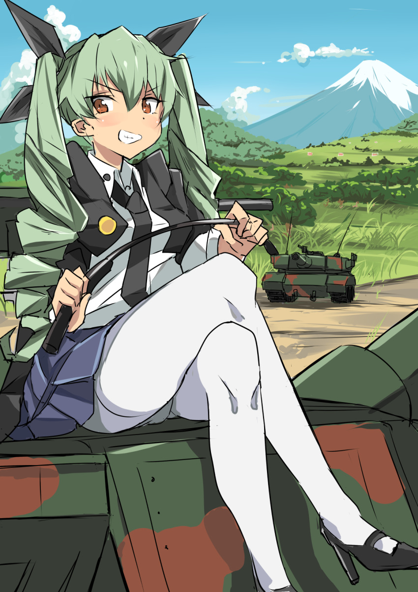 1girl anchovy bangs black_necktie black_ribbon black_shoes black_skirt blush camouflage cape clouds cloudy_sky commentary day dress_shirt drill_hair full_body girls_und_panzer green_hair grin ground_vehicle hair_ribbon high_heels highres holding legs_crossed long_hair long_sleeves looking_at_viewer military military_vehicle miniskirt motor_vehicle mountain necktie outdoors panties panties_under_pantyhose pantyhose pleated_skirt red_eyes ribbon riding_crop school_uniform shirt shoes sitting skirt sky smile solo tak_(788507) tank thighband_pantyhose twin_drills twintails underwear vehicle_request white_legwear white_shirt