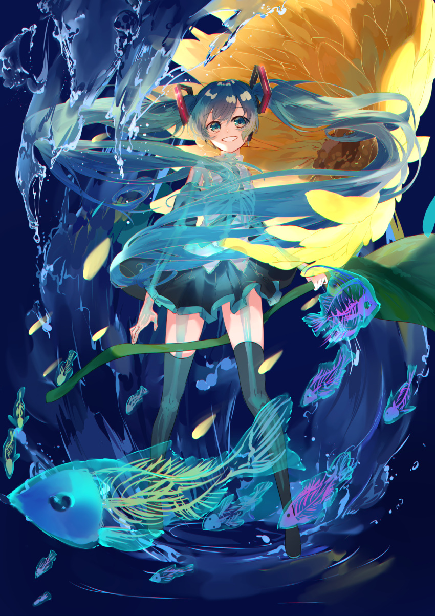1girl absurdres aqua_eyes aqua_hair bone boots detached_sleeves fish floating_hair flower full_body hair_ornament hatsune_miku highres leaf long_hair miwano_ragu necktie skeleton skirt smile solo standing sunflower thigh-highs thigh_boots transparent twintails very_long_hair vocaloid water