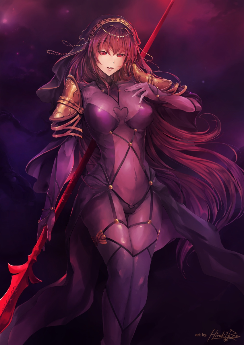 1girl bodysuit breasts fate/grand_order fate_(series) gae_bolg highres hiroki_ree holding holding_weapon lance long_hair navel polearm red_eyes scathach_(fate/grand_order) signature solo tagme veil very_long_hair weapon