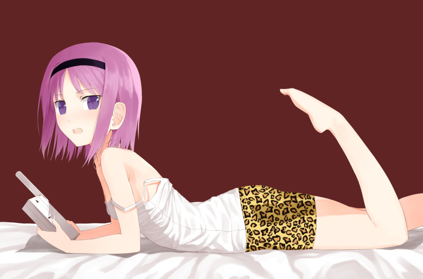 1girl akitaka_(pixiv12739753) animal_print barefoot bed_sheet black_hair from_side gokukoku_no_brynhildr hairband highres kazumi_schlierenzauer leopard_print long_hair looking_at_viewer lying off_shoulder on_stomach open_mouth print_shorts purple_hair red_background shirt short_hair shorts simple_background solo the_pose violet_eyes white_shirt