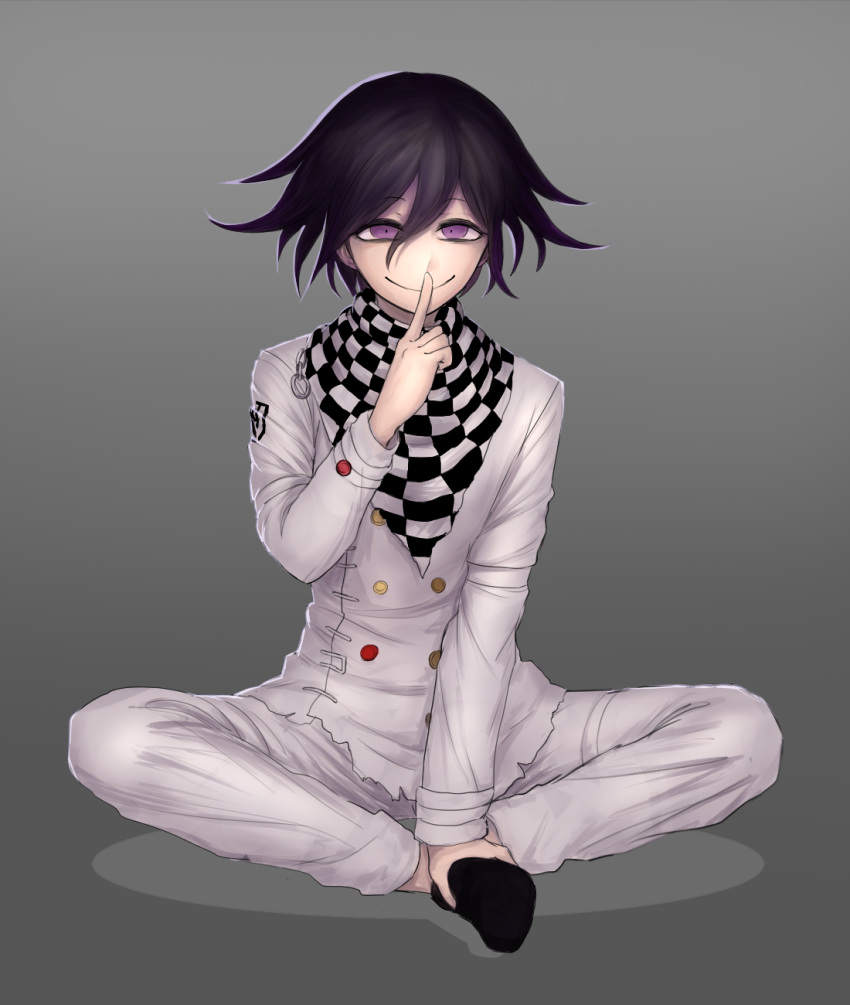 1boy ahoge black_hair buttons checkered_scarf dangan_ronpa finger_to_mouth full_body grey_background highres indian_style legs_crossed male_focus marimokkori new_dangan_ronpa_v3 ouma_kokichi scarf short_hair simple_background sitting smile solo straitjacket violet_eyes