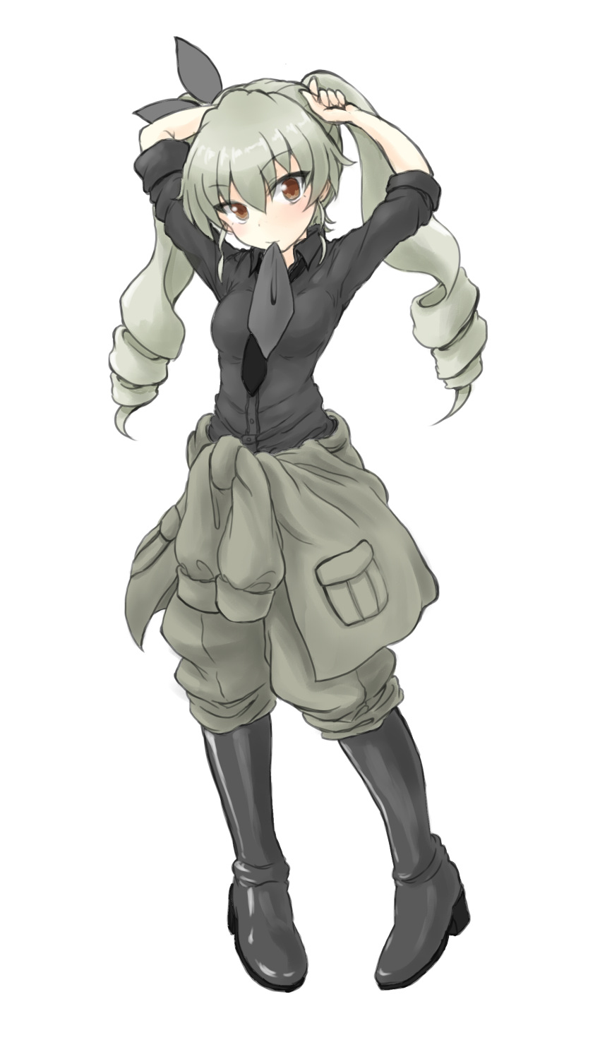 1girl absurdres adjusting_hair anchovy bangs black_boots black_necktie black_ribbon black_shirt boots brown_eyes clothes_around_waist dress_shirt drill_hair full_body girls_und_panzer green_hair grey_jacket grey_pants hair_ribbon highres jacket jacket_around_waist jacket_removed knee_boots long_hair long_sleeves looking_at_viewer military military_uniform minimini mouth_hold necktie pants ribbon shirt simple_background sleeves_rolled_up solo standing twin_drills twintails uniform white_background
