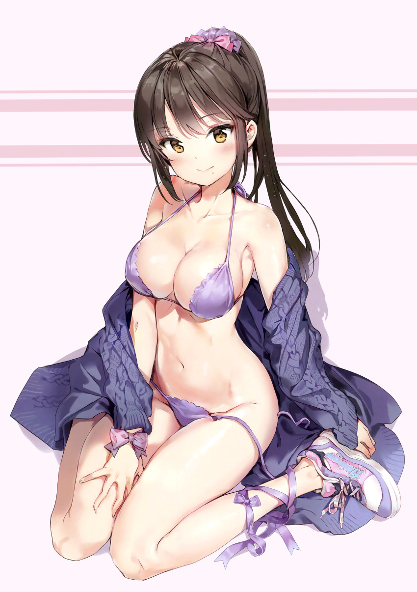 1girl absurdres ankle_ribbon anmi aran_sweater bare_shoulders bikini breasts brown_hair cleavage collarbone detexted full_body hair_ornament highres large_breasts long_hair mole mole_under_mouth navel no_socks off_shoulder original photoshop ponytail purple_bikini ribbon scan shiny shiny_skin shoes side-tie_bikini sitting sneakers solo sweater swimsuit thighs untied untied_bikini wariza wrist_ribbon yellow_eyes