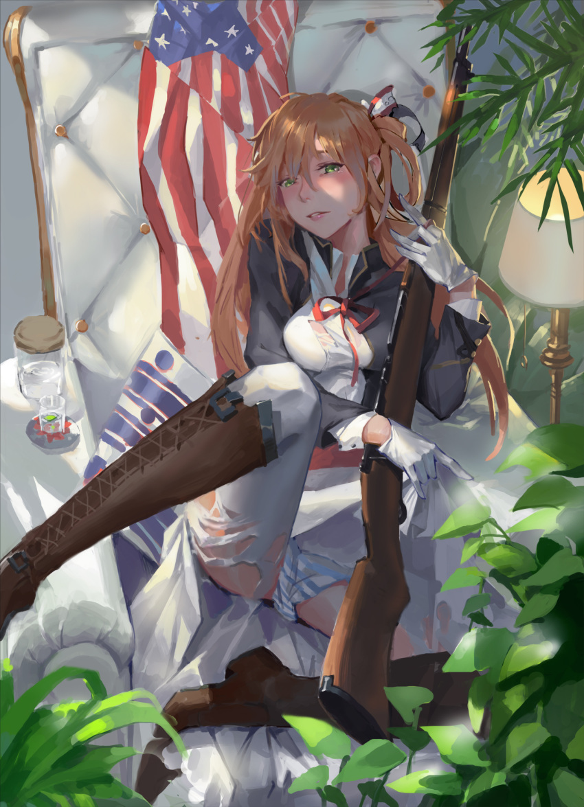 1girl american_flag blush bolt_action boots brown_hair fany girls_frontline gloves green_eyes gun hair_ribbon highres knee_boots long_hair looking_at_viewer m1903_springfield m1903_springfield_(girls_frontline) parted_lips personification ribbon rifle solo torn_clothes weapon white_legwear