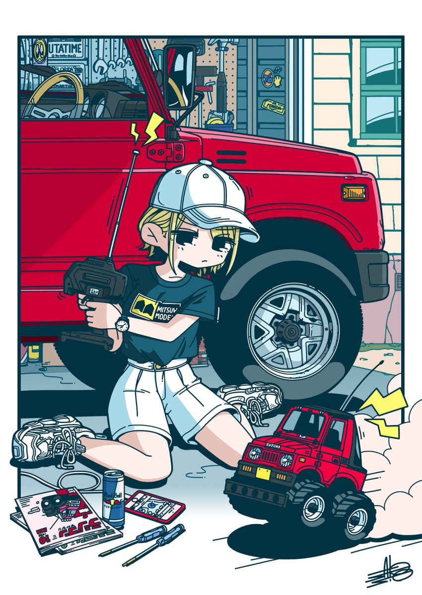 1girl baseball_cap black_shirt blonde_hair can car collarbone controller frown ground_vehicle hair_behind_ear hat highres holding holding_controller lightning_bolt_symbol magazine_(object) motor_vehicle original red_bull remote_control_vehicle satosio screwdriver shirt shirt_tucked_in shoes shorts sitting smoke sneakers solo steering_wheel suzuki_(company) vehicle_request wariza white_footwear white_headwear white_shorts window