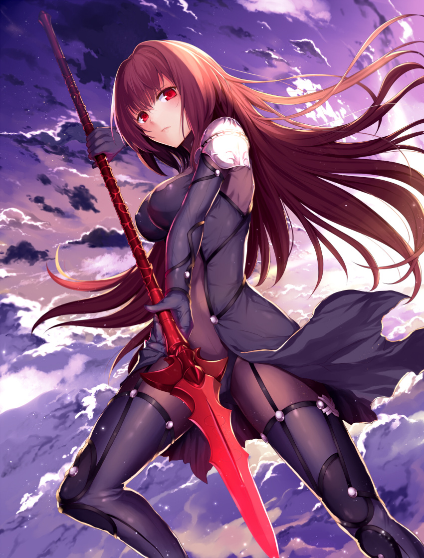 1girl abusoru bodysuit breasts clouds cloudy_sky covered_navel fate/grand_order fate_(series) gae_bolg highres large_breasts long_hair looking_at_viewer pauldrons polearm purple_bodysuit purple_hair red_eyes scathach_(fate/grand_order) sky solo spear very_long_hair weapon