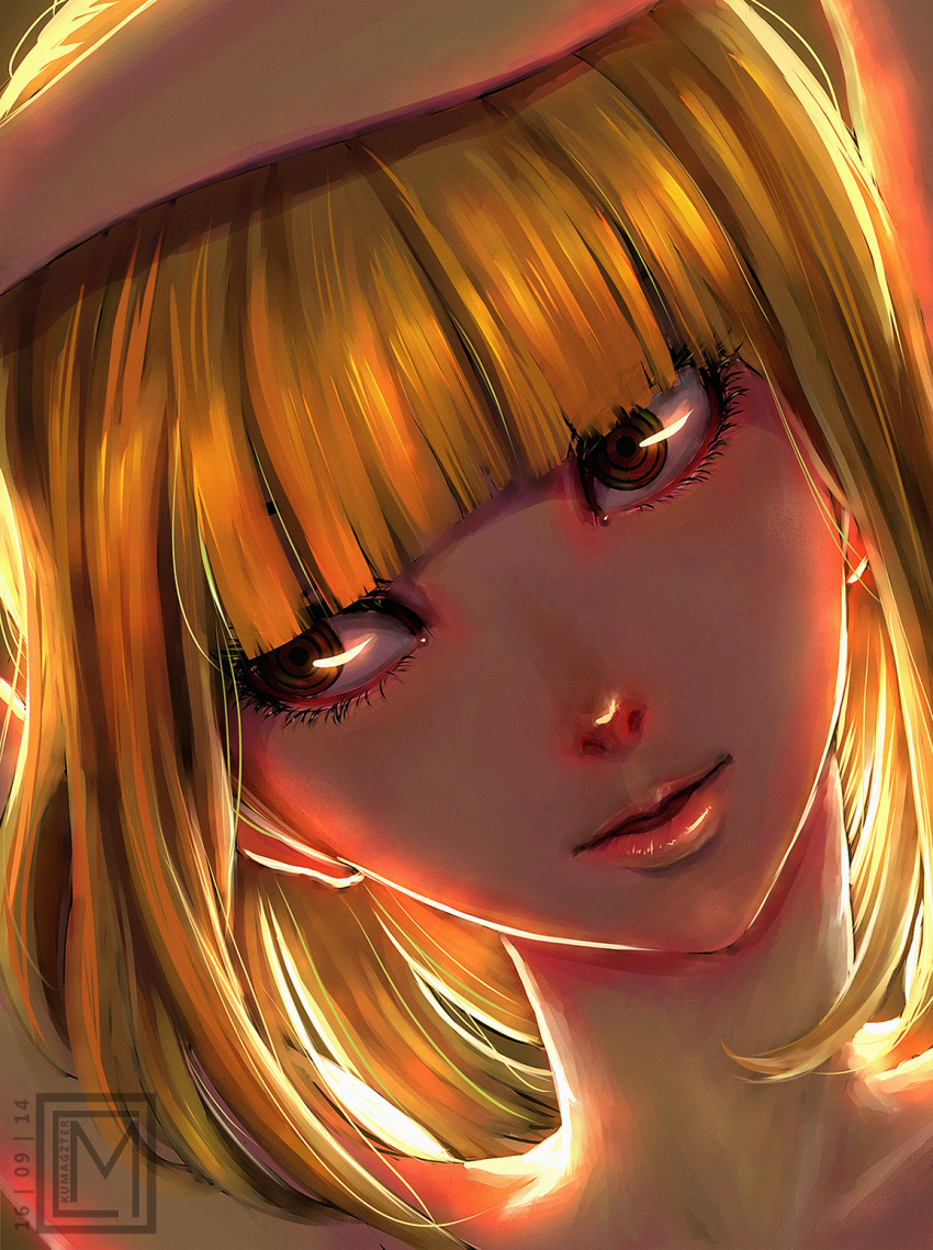 1girl arm_up artist_name bangs bare_shoulders blonde_hair blunt_bangs brown_eyes close-up collarbone dated eyelashes face highres lips looking_to_the_side mark_cosmiano midorikawa_hana nose parted_lips pink_lips prison_school ringed_eyes smile solo