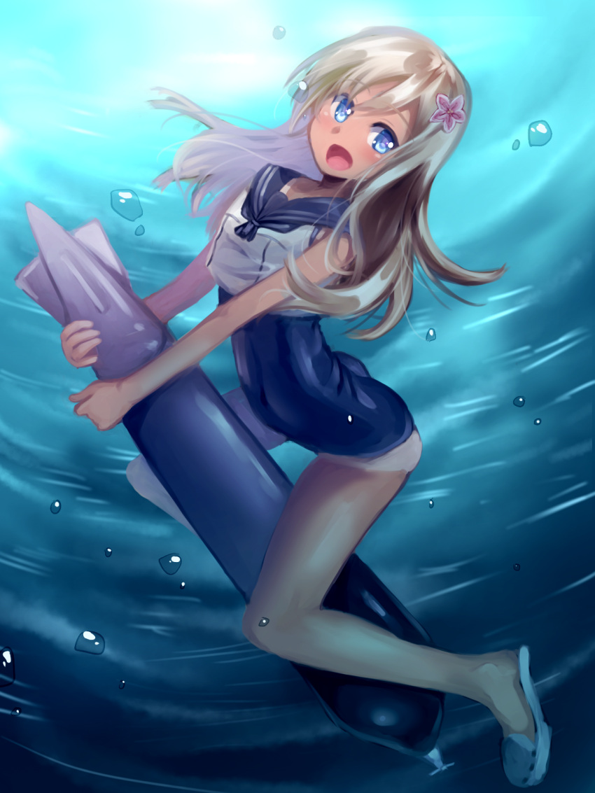 1girl blonde_hair blue_eyes covered_navel crop_top flower hair_flower hair_ornament highres kantai_collection long_hair looking_at_viewer one-piece_tan open_mouth riding ro-500_(kantai_collection) sailor_collar sandals school_swimsuit solo swimsuit swimsuit_under_clothes tan tanline torpedo underwater yusei_yui