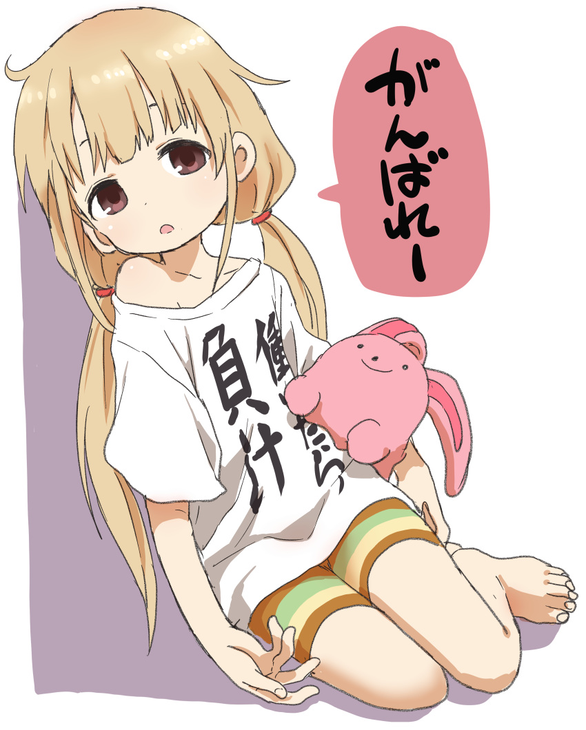 1girl absurdres blonde_hair brown_eyes full_body futaba_anzu highres idolmaster idolmaster_cinderella_girls leaning long_hair looking_at_viewer low_twintails solo stuffed_animal stuffed_bunny stuffed_toy translation_request twintails yamamoto_souichirou you_work_you_lose