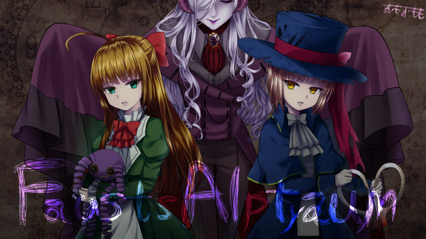 :&gt; ahoge aqua_eyes artist_name black_pants bloody_scissors blue_hat bow bowtie brown_hair capelet closed_eyes copyright_name demon_horns dress elisabeth_faust eyebrows_visible_through_hair fausts_alptraum frilled_sleeves frills gloves green_dress hair_bow hair_over_one_eye half_updo hat head_tilt highres holding homunculus_(fausts_alptraum) horns juliet_sleeves lavender_hair lipstick long_hair long_sleeves looking_at_viewer makeup mephistopheles__(fausts_alptraum) omoomomo oversized_object pants puffy_sleeves purple_lipstick red_bow red_bowtie scissors sleeves_past_wrists standing stuffed_toy top_hat very_long_hair white_gloves yellow_eyes