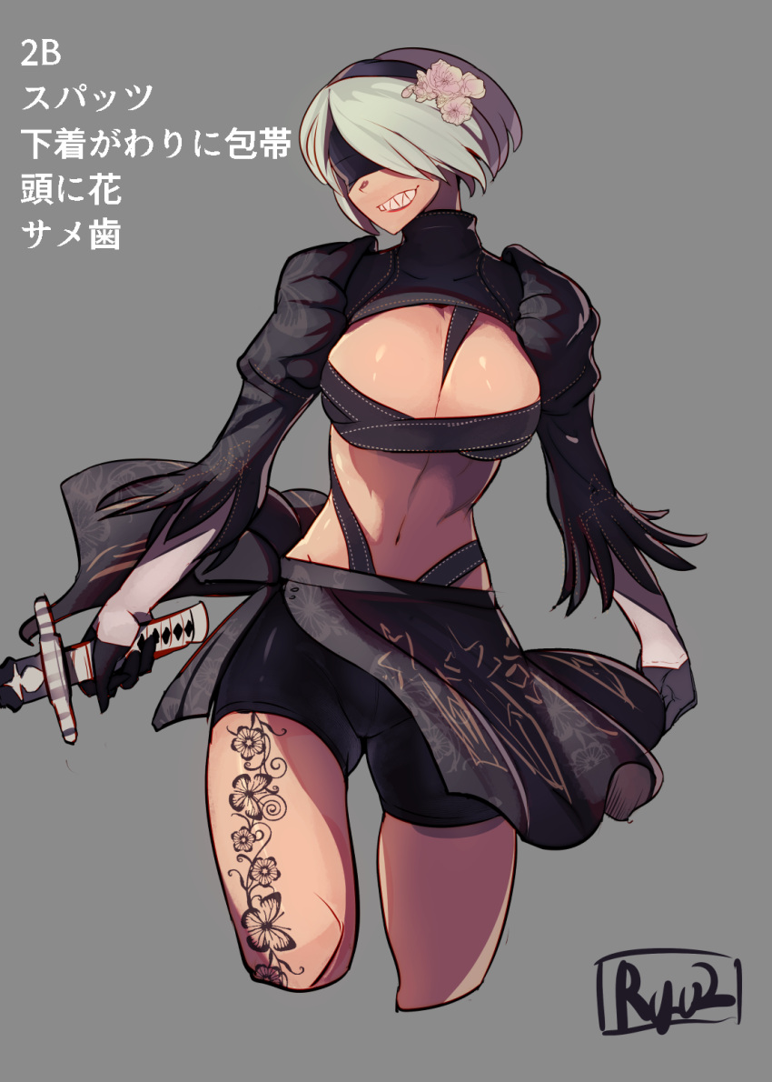 1girl adapted_costume bared_teeth bike_shorts black_gloves blindfold breasts budget_sarashi character_name cleavage clenched_hand cropped_legs flower gloves hair_flower hair_ornament hairband highres juliet_sleeves large_breasts long_sleeves midriff navel nier_(series) nier_automata puffy_sleeves revealing_clothes ribbon ryuji_(red-truth) sarashi sharp_teeth short_hair side_slit silver_hair solo tattoo teeth translation_request yorha_no._2_type_b