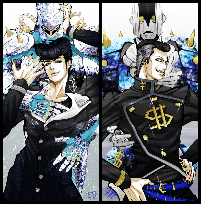 2boys aqua_eyes belt black_eyes black_hair black_nails brooch collarbone crazy_diamond dollar_sign earrings facial_mark gakuran grey_hair grin hands_on_hips heart higashikata_jousuke highres hikitsu_juusou jewelry jojo_no_kimyou_na_bouken male_focus multicolored_hair multiple_boys nail_polish nijimura_okuyasu peace_symbol pillarboxed pompadour profile ring school_uniform shiny signature smile spikes stand_(jojo) stud_earrings the_hand_(stand) two-tone_hair upper_body yen_sign