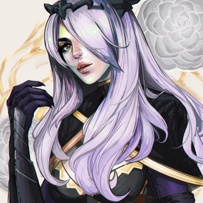 1girl breasts camilla_(fire_emblem_if) cleavage cleavage_cutout european_clothes fire_emblem fire_emblem_if flower gauntlets hair_ornament hair_over_one_eye highres long_hair looking_at_viewer purple_hair solo tiara