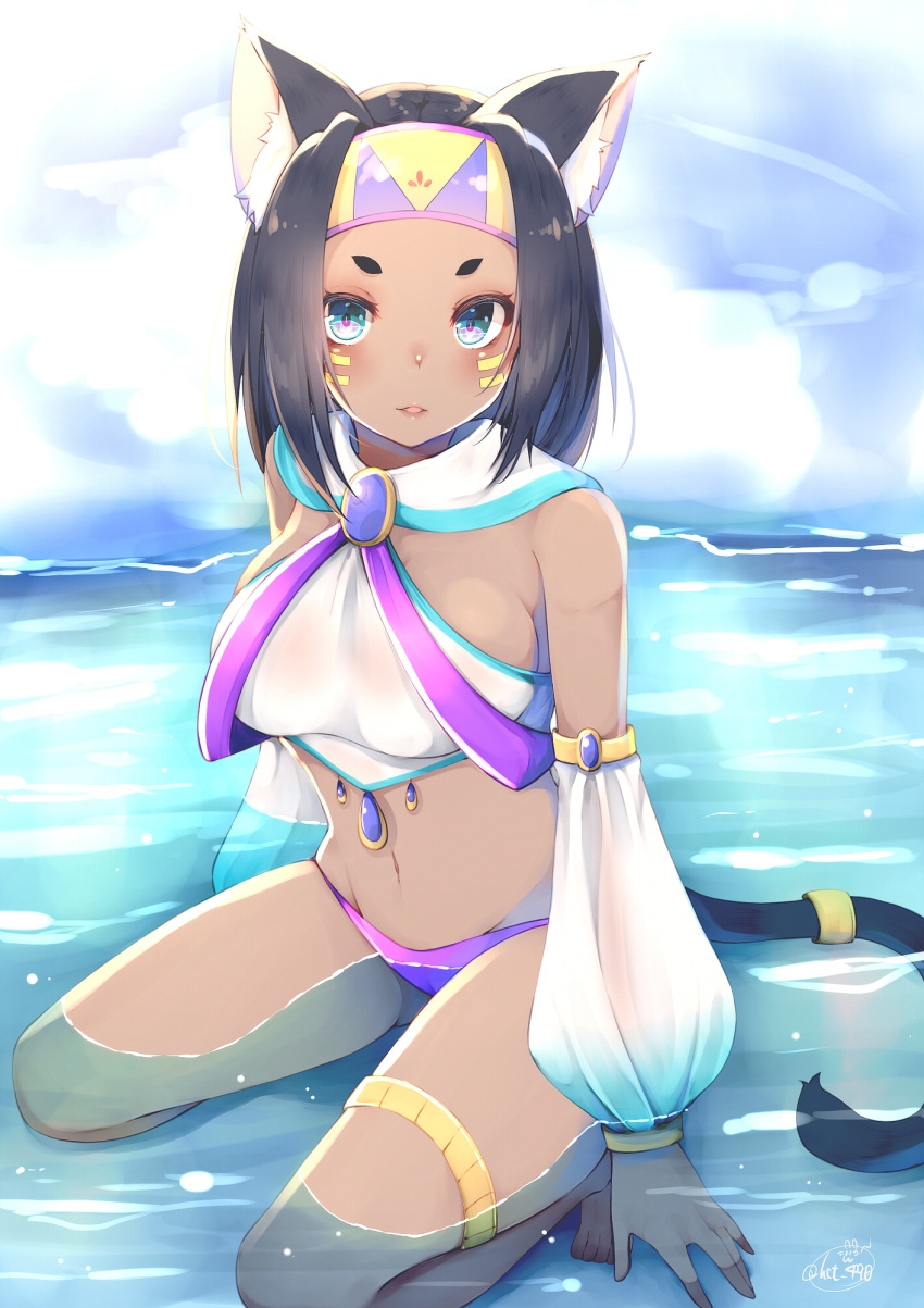 1girl animal_ears bare_shoulders black_hair blue_eyes breasts cat_ears cat_girl cat_tail chita_(ketchup) dark_skin detached_sleeves eyelashes facepaint gem headband highres jewelry kneeling lips looking_at_viewer midriff navel original panties parted_lips partially_submerged purple_panties ring short_eyebrows signature solo stomach tail tail_ring thighlet underwear water wet wet_clothes