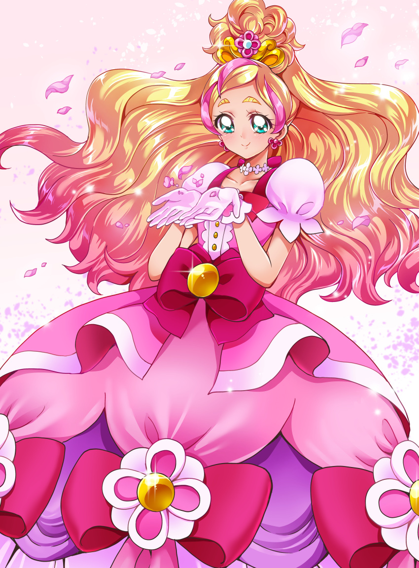 1girl absurdres blonde_hair blue_eyes blush choker cure_flora dress earrings eyelashes flower flower_earrings frilled_dress frills gloves go!_princess_precure gradient gradient_background gradient_hair hair_ornament half_updo happy haruno_haruka highlights highres jewelry long_hair looking_at_viewer magical_girl mode_elegant_(go!_princess_precure) multicolored_hair petals pink pink_background pink_dress pink_hair pink_ribbon precure puffy_sleeves ribbon sharumon smile solo streaked_hair tiara two-tone_hair white_background white_gloves
