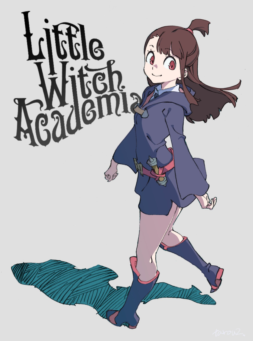 1girl akko_kagari boots brown_hair collared_shirt copyright_name grey_background high_ponytail highres little_witch_academia long_hair long_sleeves red_eyes shadow shirt smile solo standing tarou2 wide_sleeves